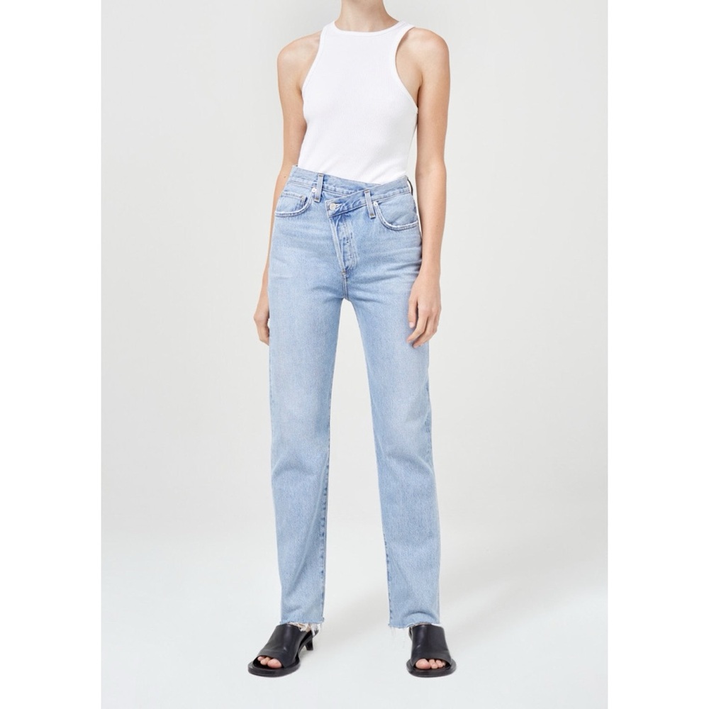 AGOLDE Jeans 28 High Waist Straight Leg Cross Cross Waist Fray Ankle Blue